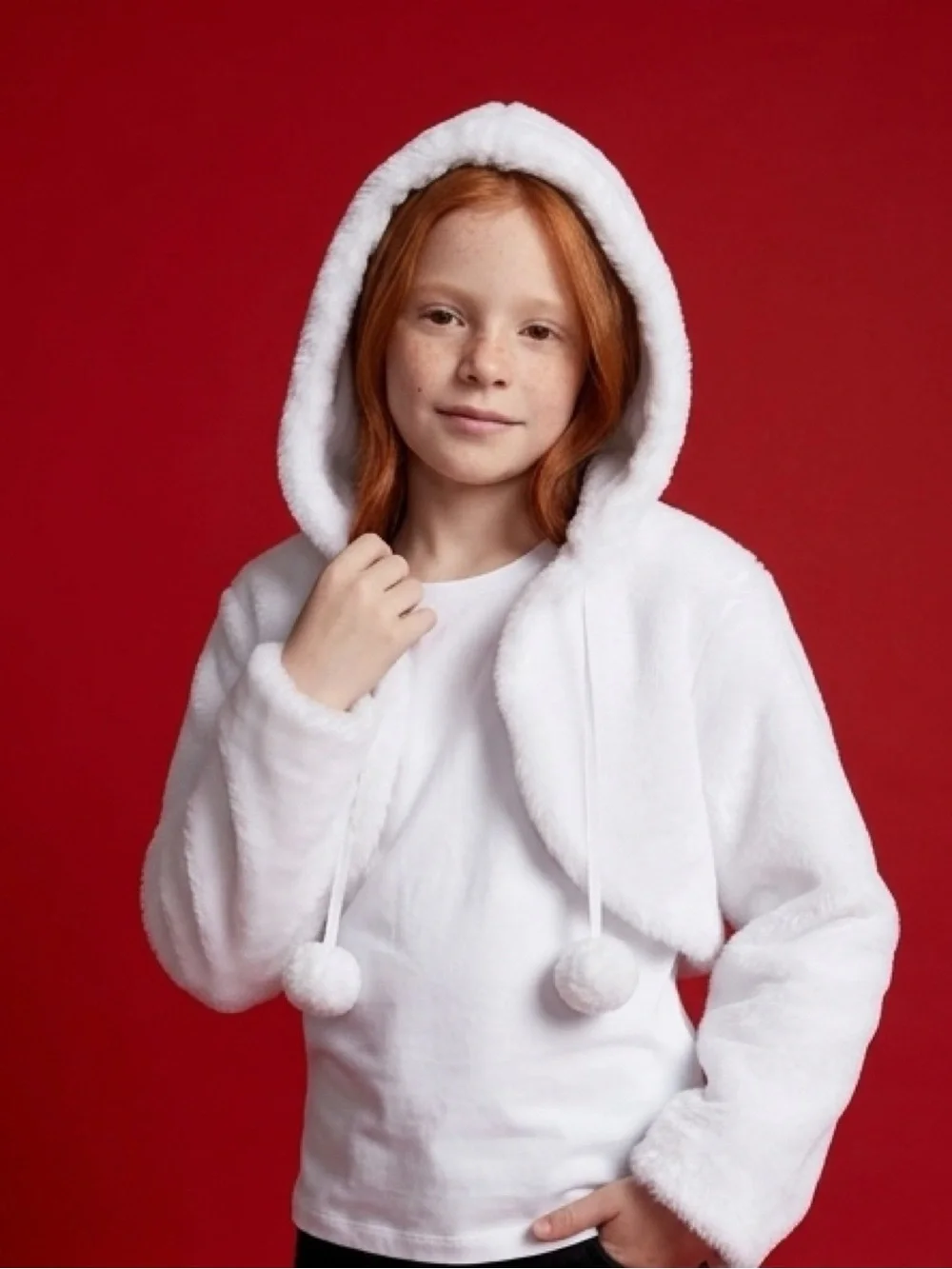 Girls White Hooded Fuzzy Jacket with Pom-Pom Ties
